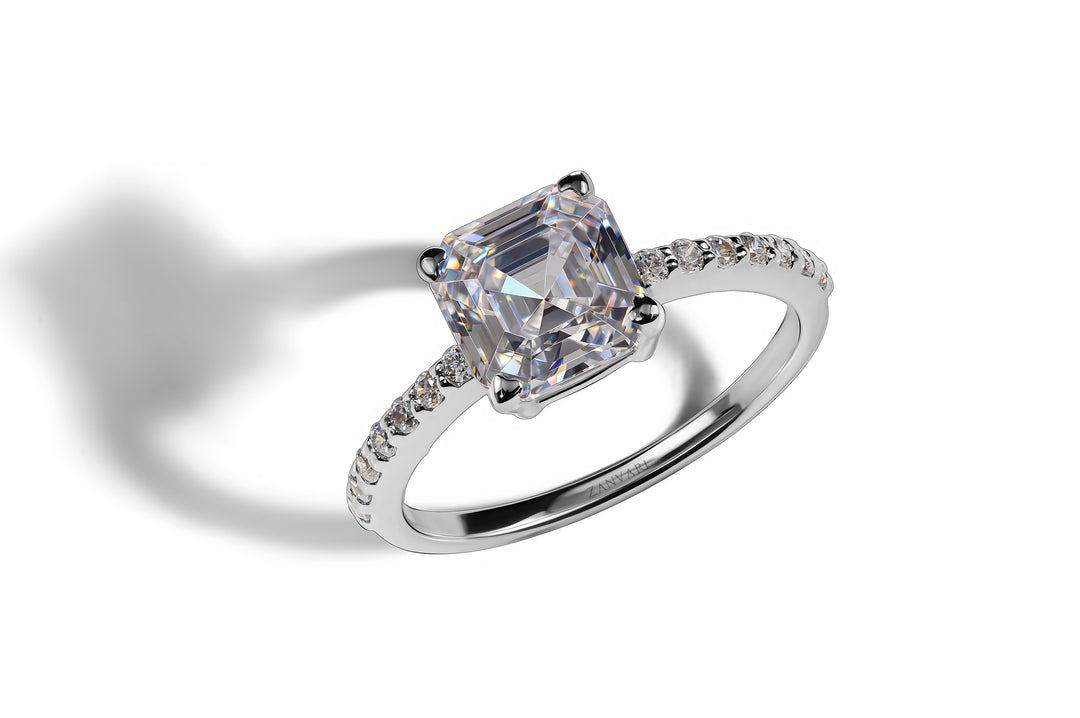 Asscher cut moissanite diamond substitute ring in 925 silver with  small moissanite stone