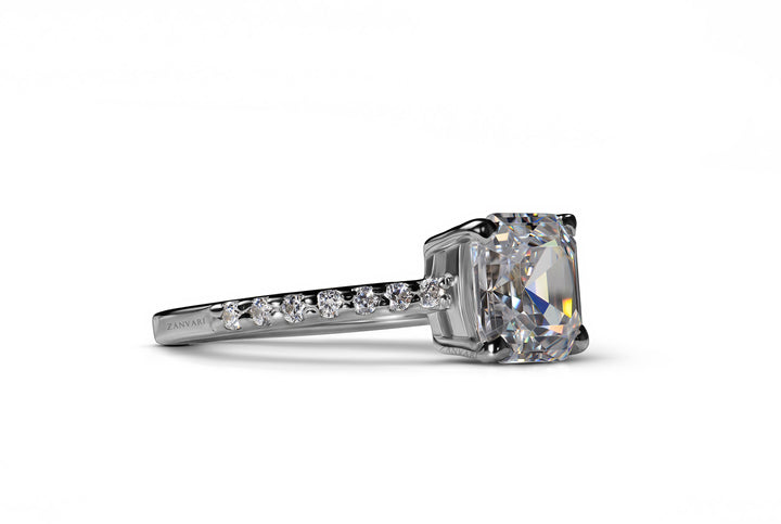 Side view of Asscher cut moissanite diamond substitute ring in 925 silver with small moissanite stone