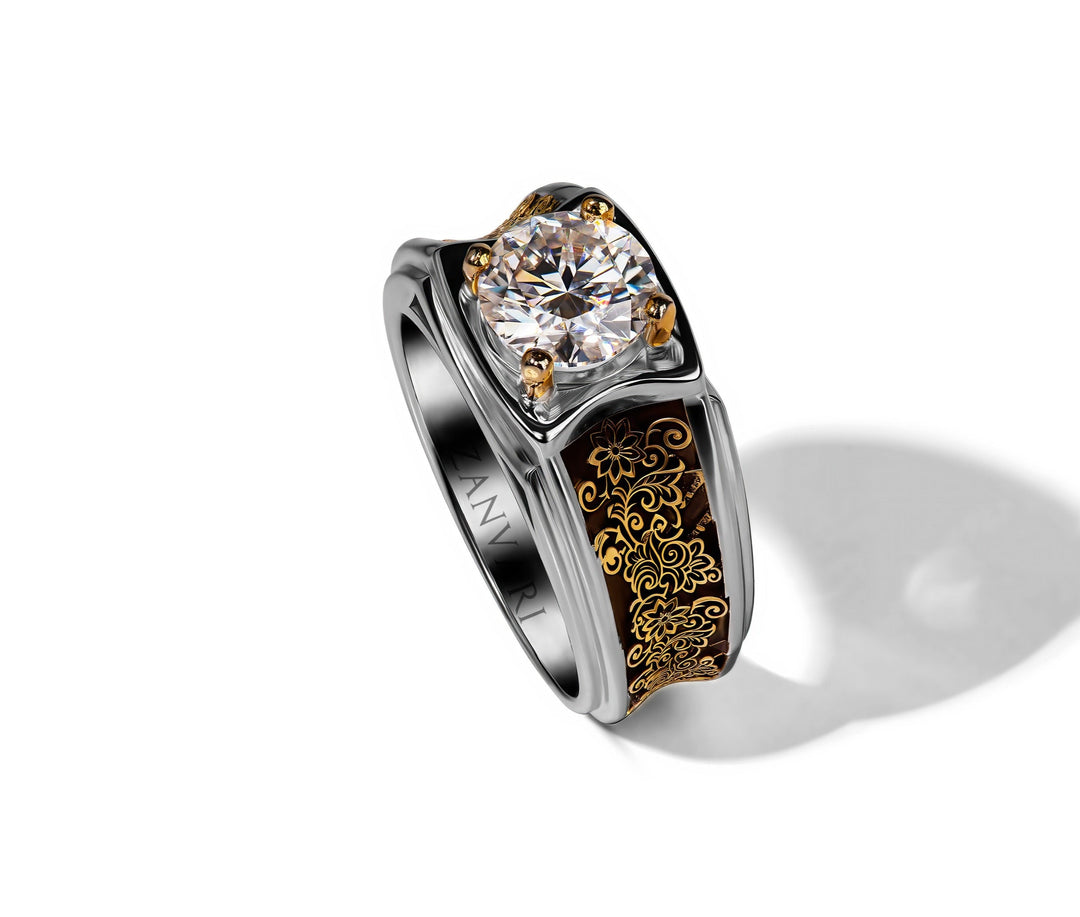 Modern engraved moissanite 2 carat ring in 925 silver with white gold and 21k gold plating.