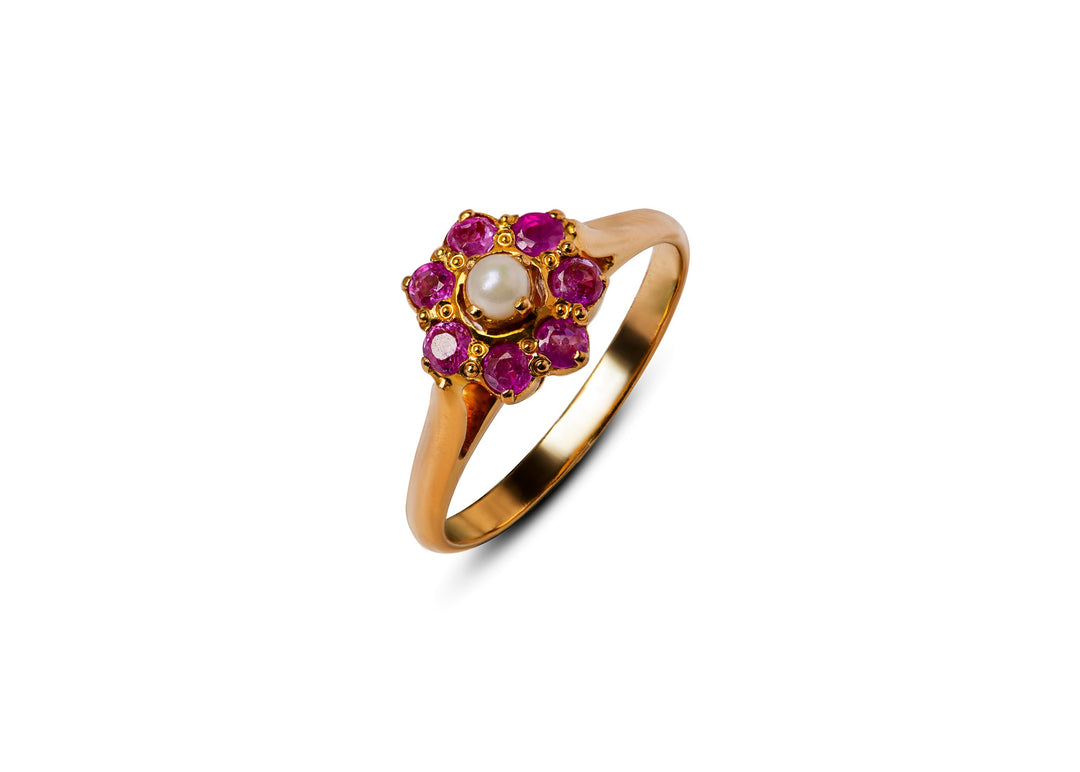  21k Gold Flower-Shaped Ring with Ruby Petals and Organic Pearl Center
