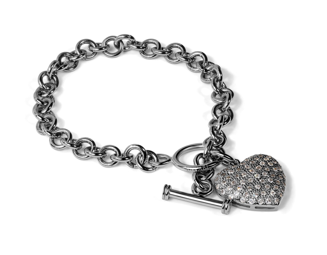 Bracelet for girls with chunky heart piece as center piece, T bar for secure lock made in 925 silver