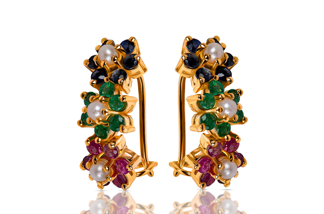 Ruby, Emerald and, Sapphire Designer Earrings In Sterling Silver 925 Gold Plated