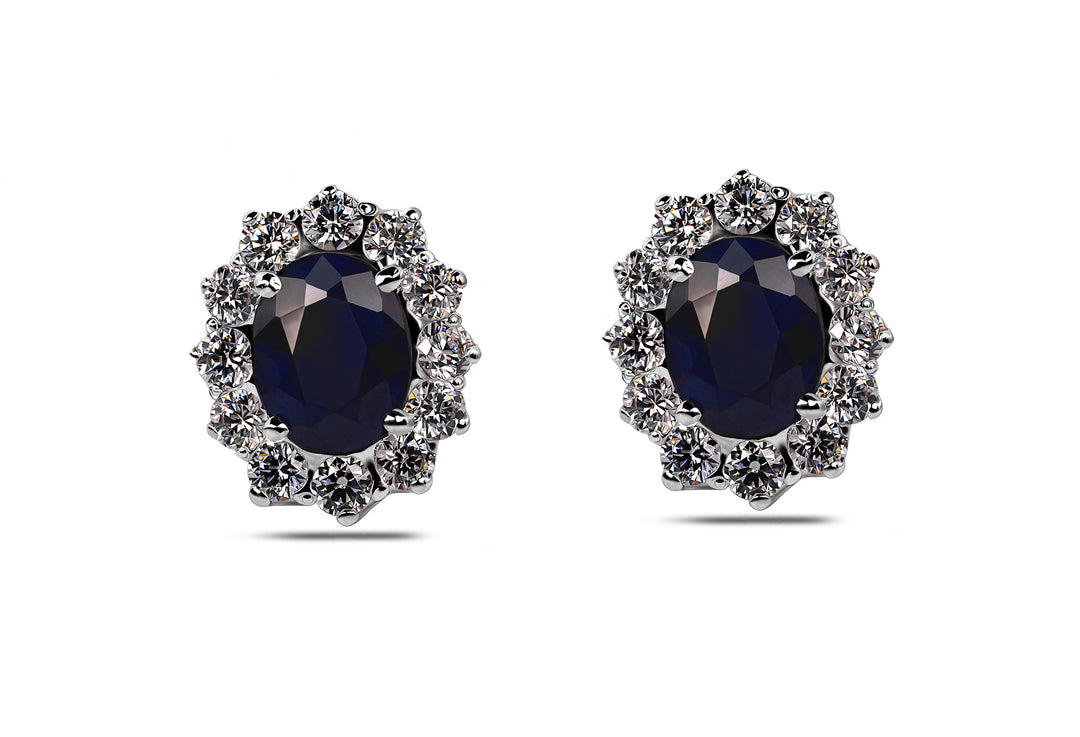 Natural Sapphire princess Diana inspired studs in silver with cubic zirconia stones