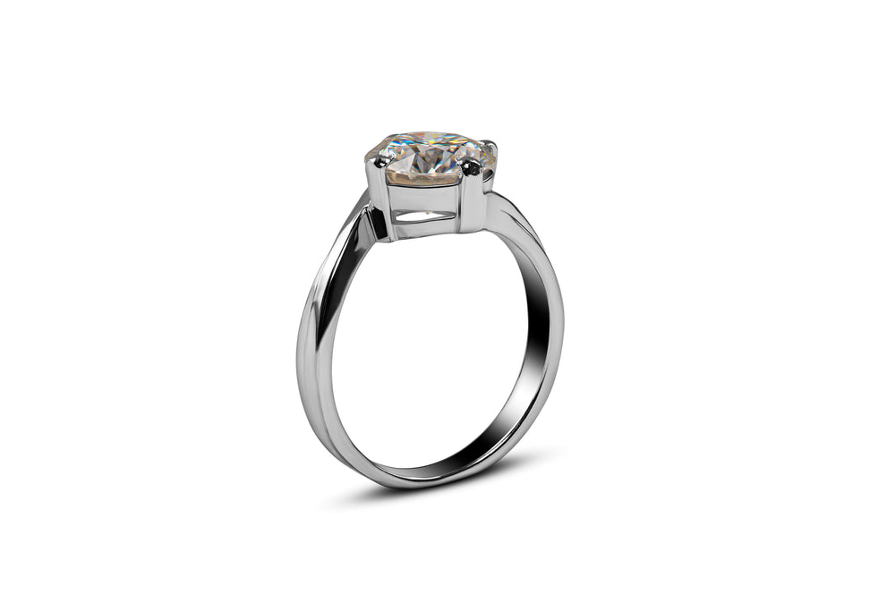 Side view of moissanite diamond ring in silver band