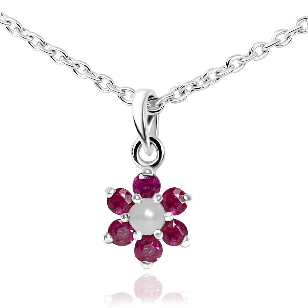 Natural Ruby and Natural Pearl Necklace in Sterling Silver 925