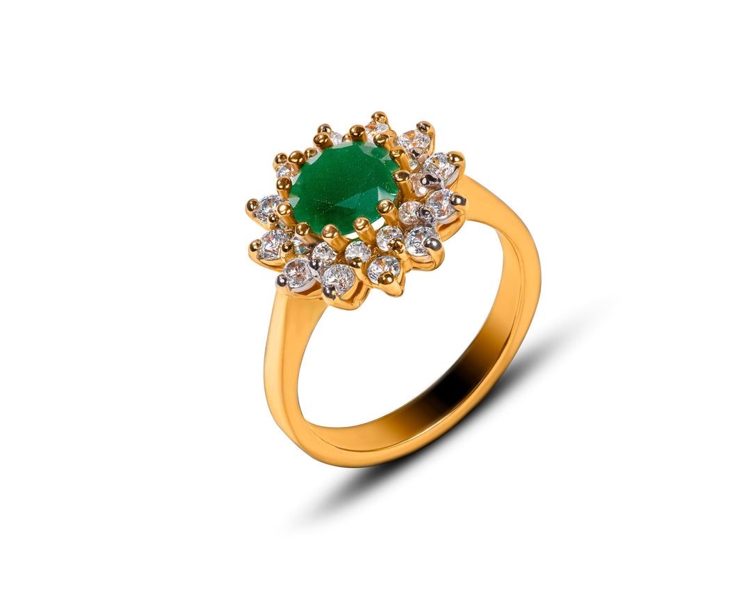 Sunflower Ring with Green Stone in Gold Plated - Natural Beauty and Elegance
