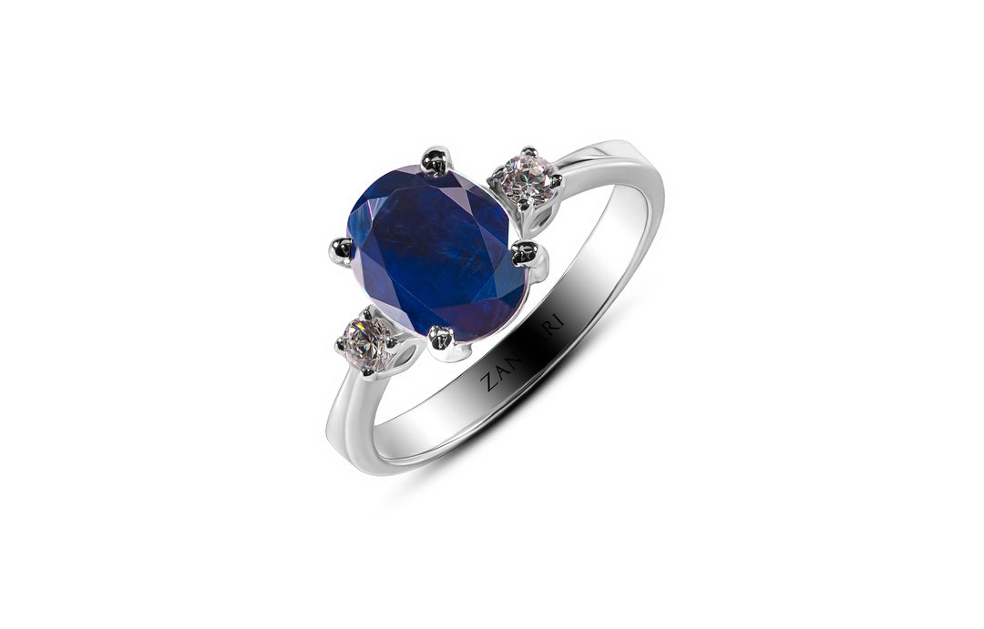 The Wisdom Stone — 2ct natural neelam (blue sapphire) ring with moissanite accents in 925 sterling silver, handcrafted by Zanvari in Karachi