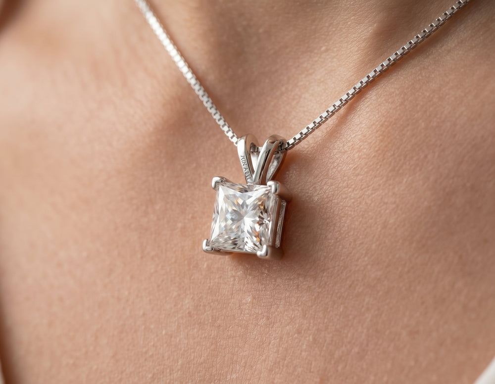 Model Shoot of princess cut 1 carat moissanite necklace with italian chain