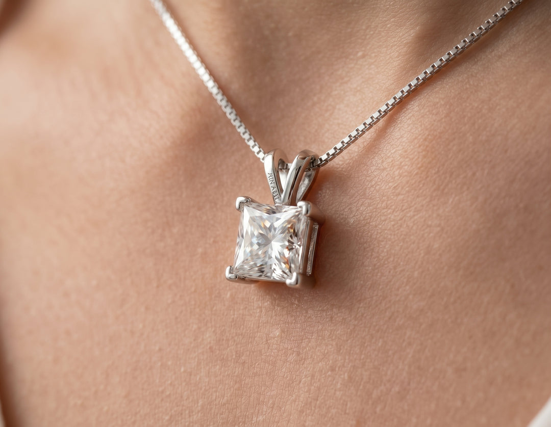 Model Shoot of princess cut 1 carat moissanite necklace with italian chain