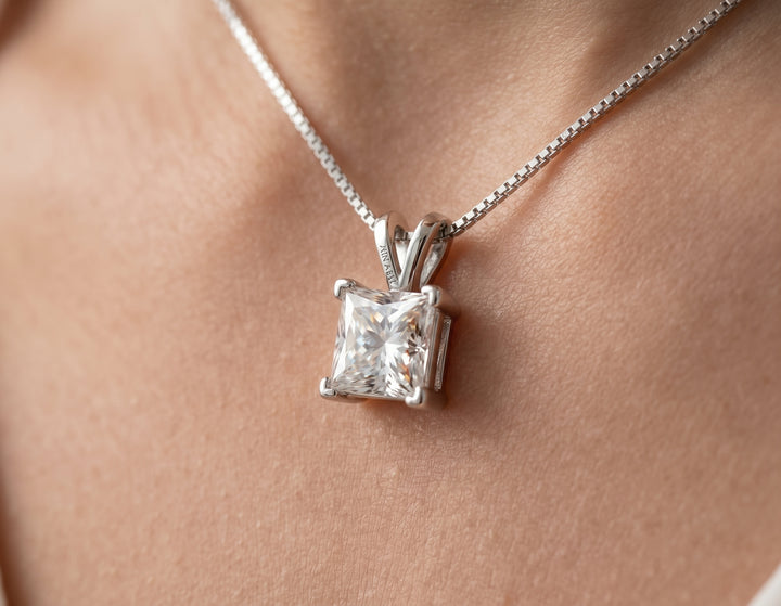 Model Shoot of princess cut 1 carat moissanite necklace with italian chain