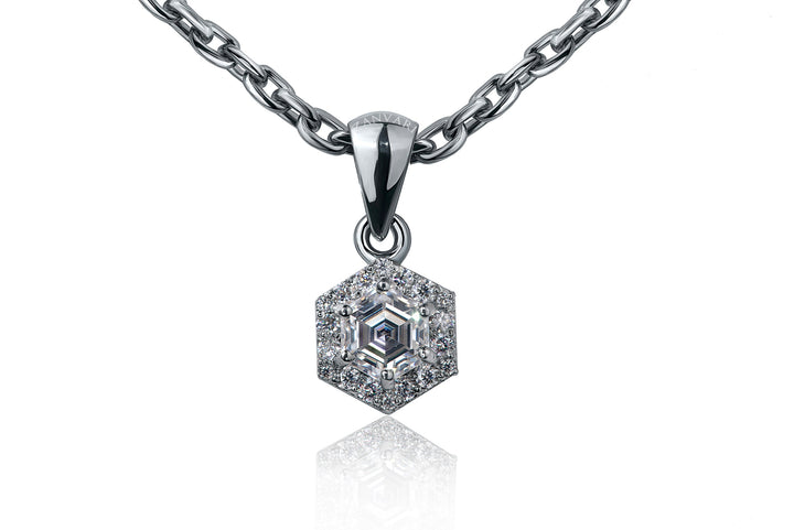 Showcasing hexagon shaped 1 carat moissanite in 925 silver handcrafted by skilled craftsman at zanvari with love and precision 