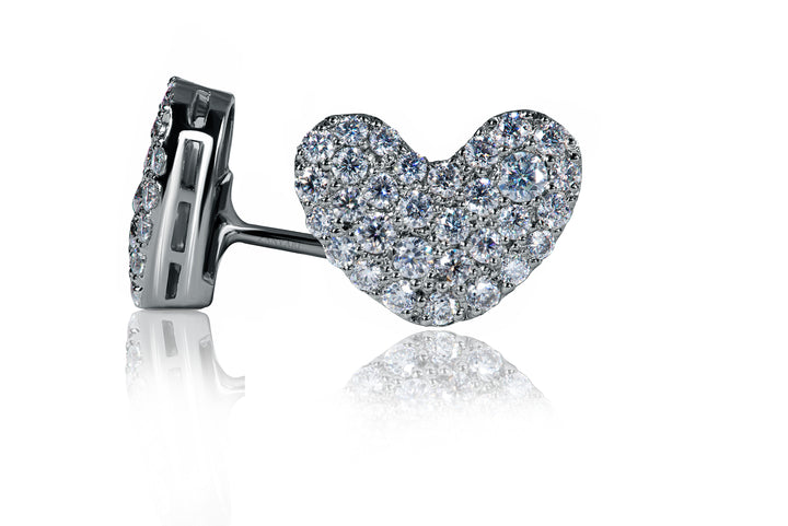 A heart-shaped stud earring with white gold plating and adorned with brilliant moissanite stones.