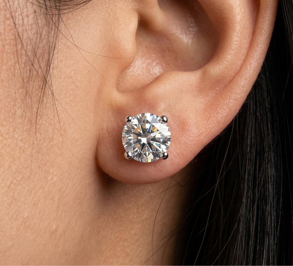moissanite studs worn by model in 925 silver