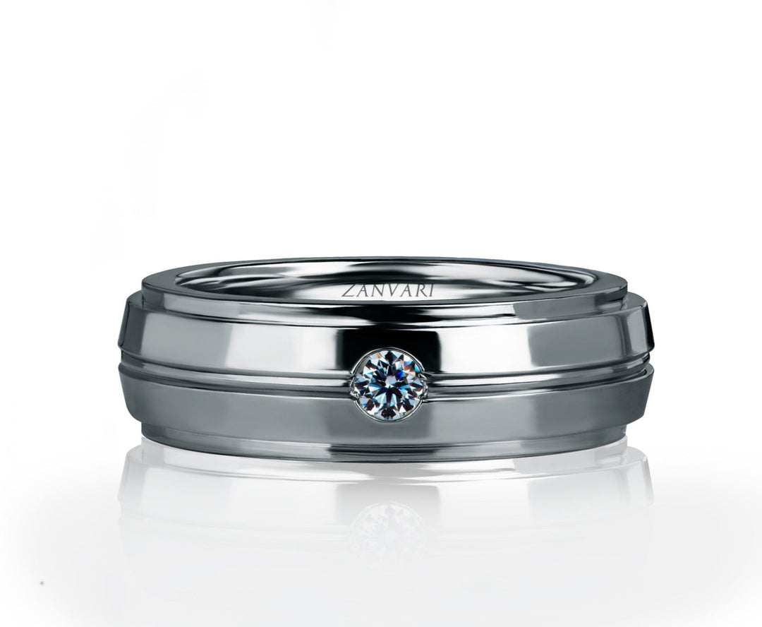 Minimalist men’s wedding band in rhodium-plated 925 silver with small natural diamond