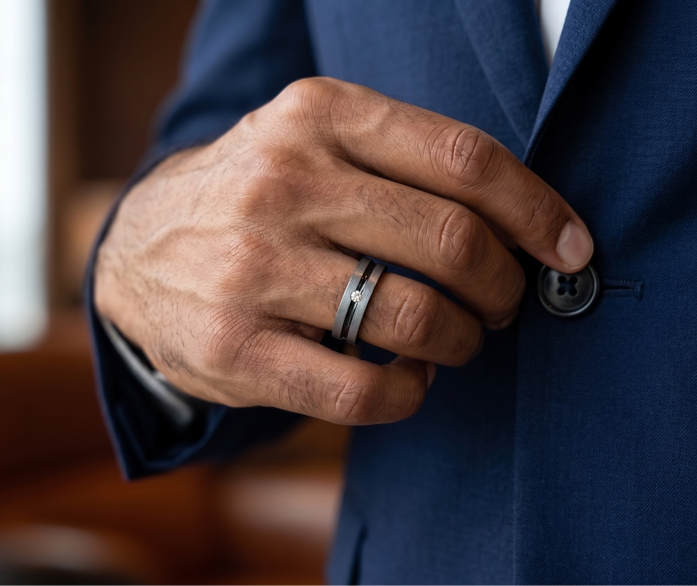 A close-up of a man's hand buttoning a navy blue suit jacket, wearing a slim silver wedding band with a small clear gemstone on the ring finger.