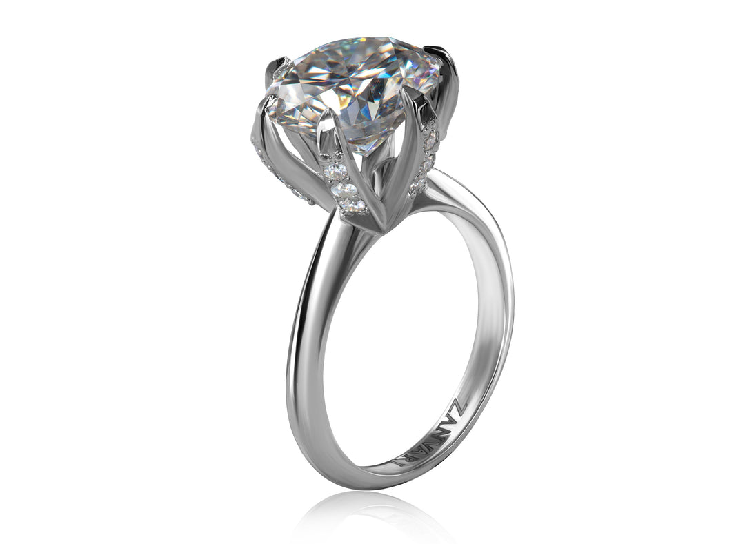 Silver ring with a large  5 carat moissanite on a white background 