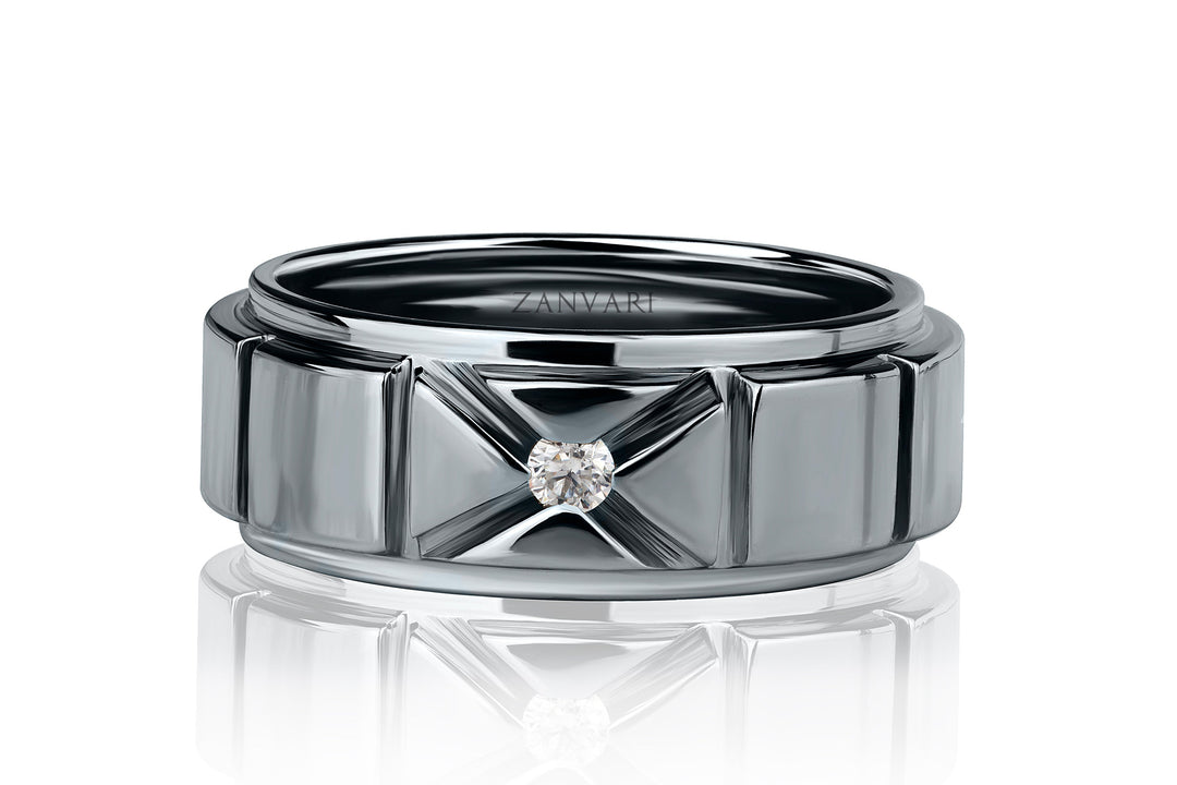 Silver ring with a diamond on a white background