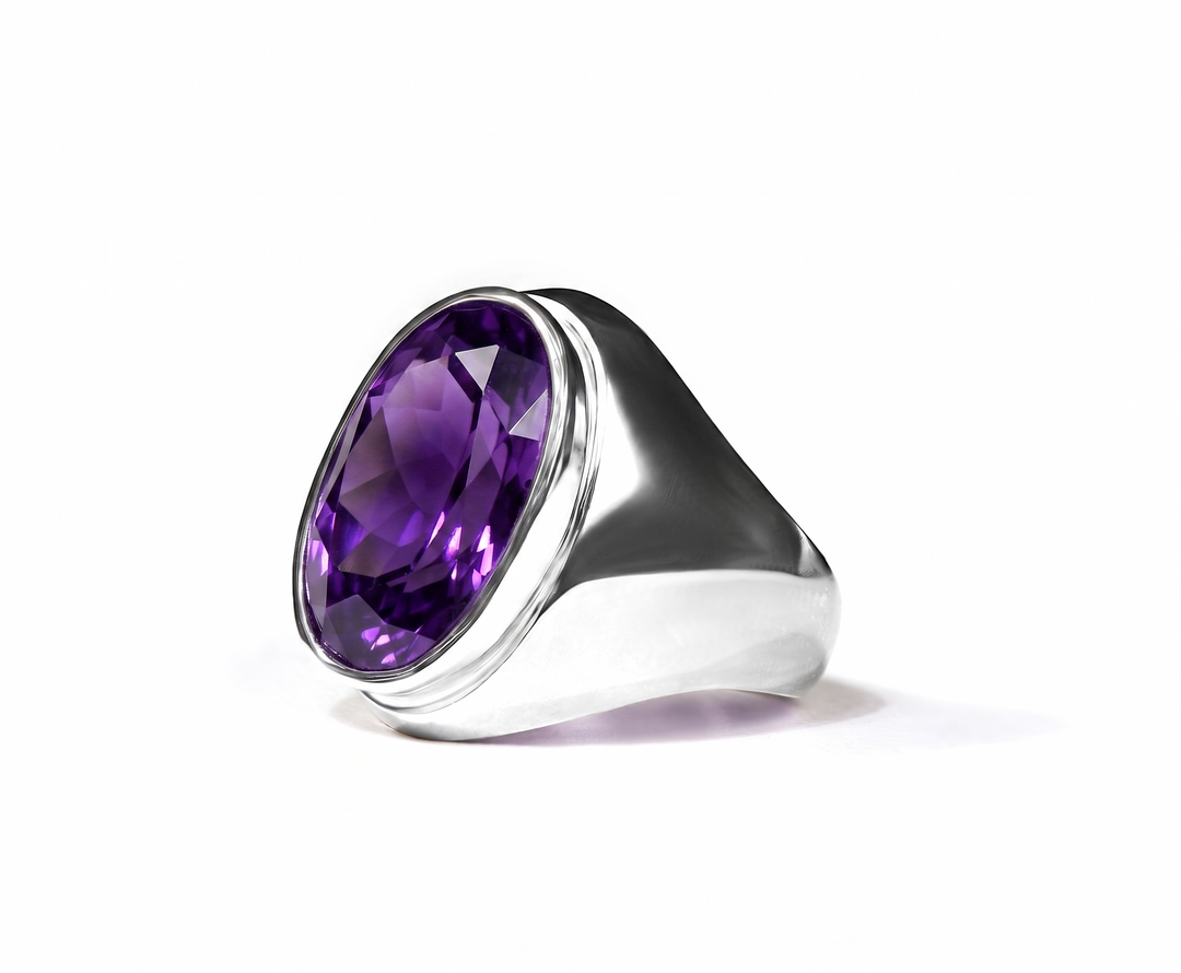 Men's 925 sterling silver signet ring with a large oval faceted natural amethyst bezel-set in a polished dome.