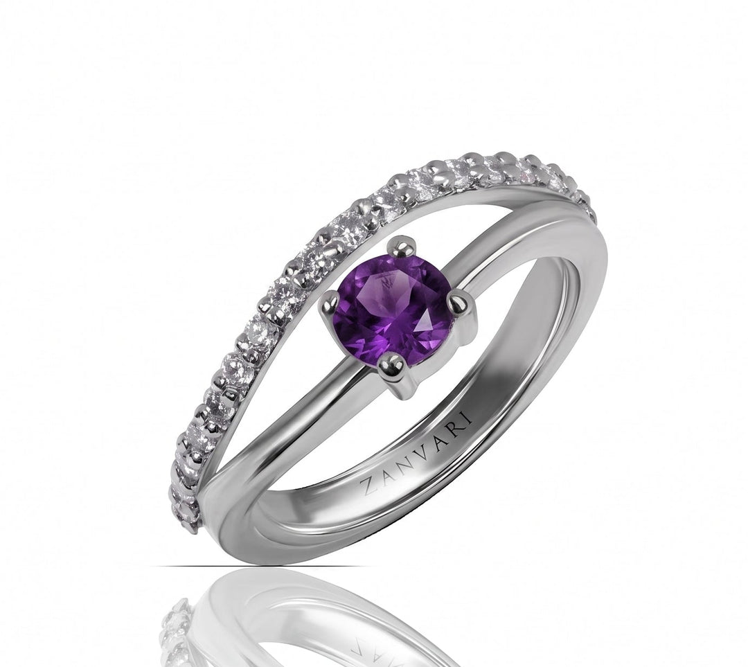 Natural amethyst split-shank ring with pavé moissanite in rhodium-plated 925 silver