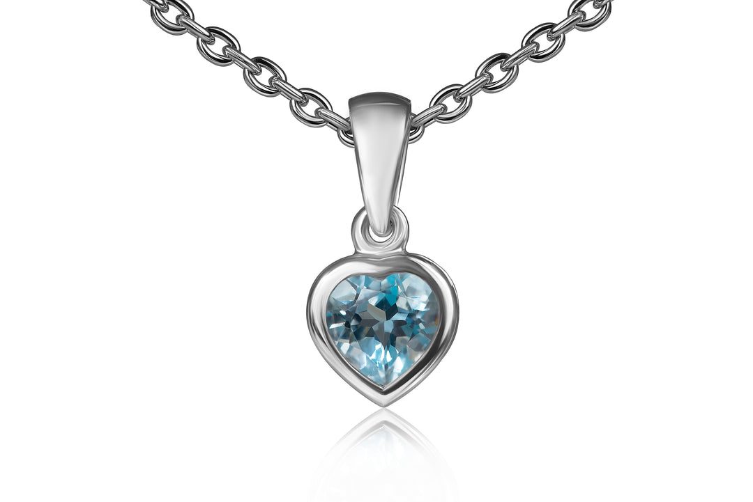 Heart-shaped blue zirconia pendant necklace in 925 sterling silver with rhodium plating, featuring a faceted light blue stone in a smooth silver bezel setting on a silver chain.