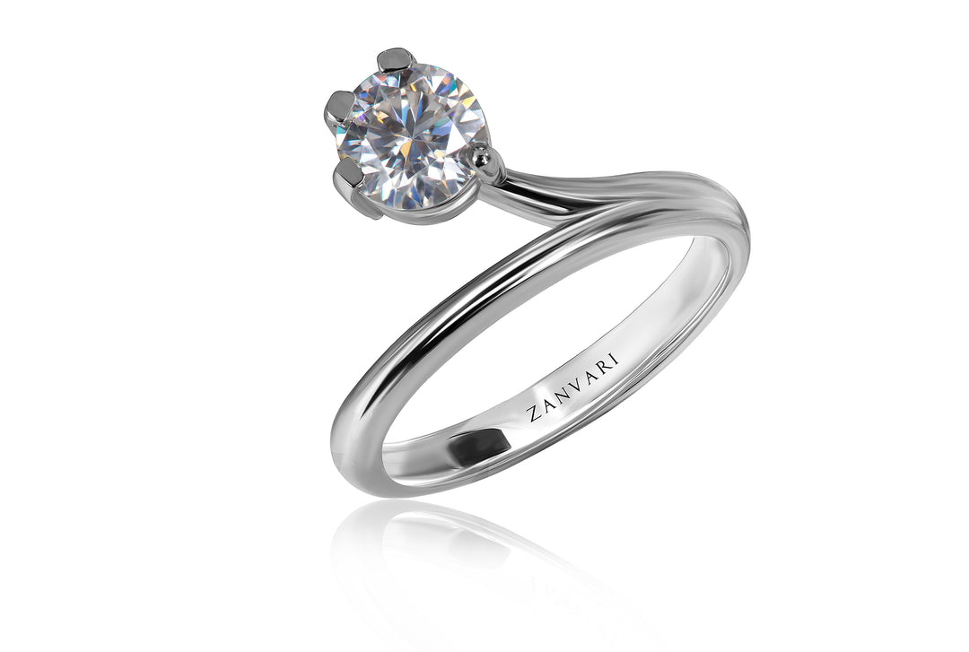 Silver ring with a moissanite one carat on a white background