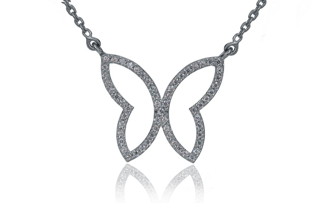 Butterfly necklace by Zanvari — handcrafted 925 sterling silver necklace with moissanite stones, rhodium plated for white gold finish, displayed on white background.