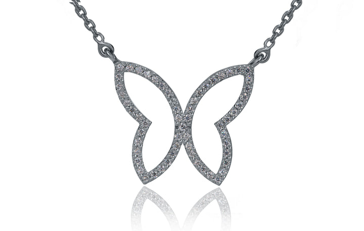 Butterfly necklace by Zanvari — handcrafted 925 sterling silver necklace with moissanite stones, rhodium plated for white gold finish, displayed on white background.