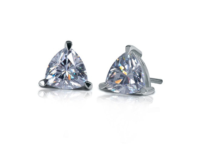Pair of silver-trimmed trillion-cut stud earrings on a white background