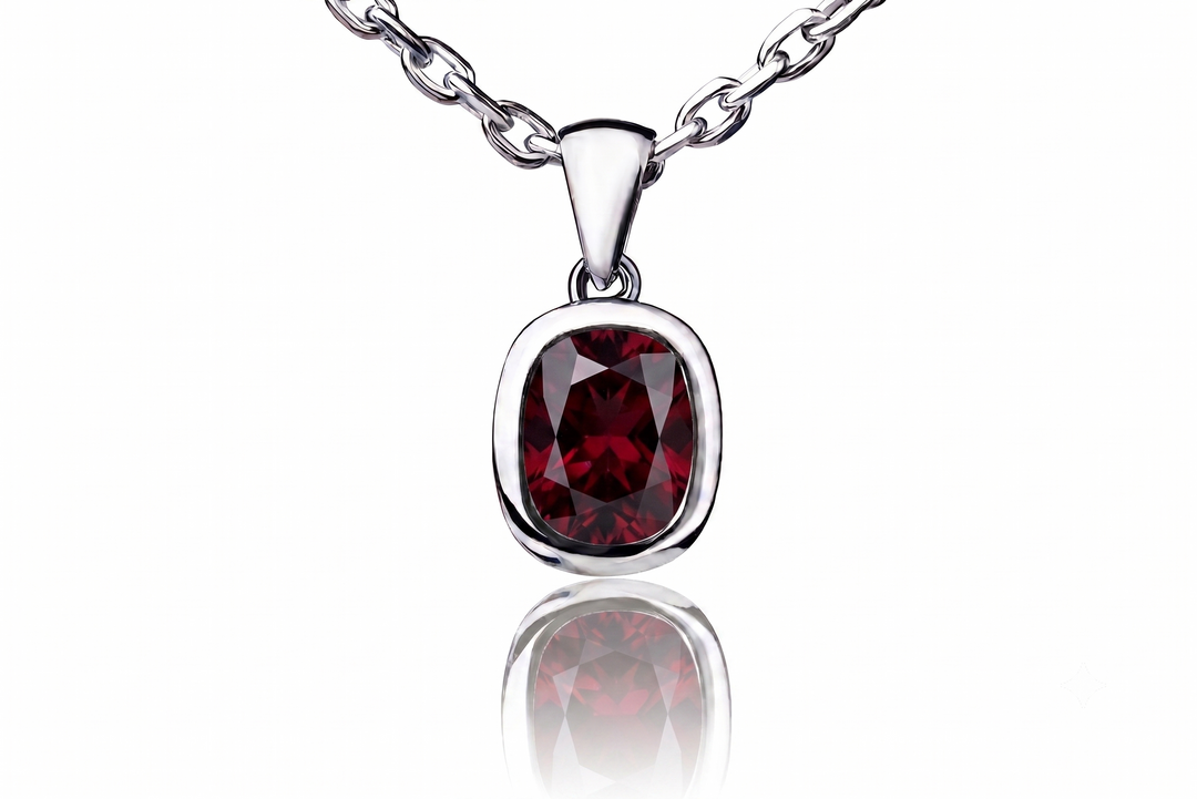 A silver pendant necklace featuring a cushion-cut deep red garnet gemstone, suspended from a silver link chain against a clean white background with a soft reflection below.