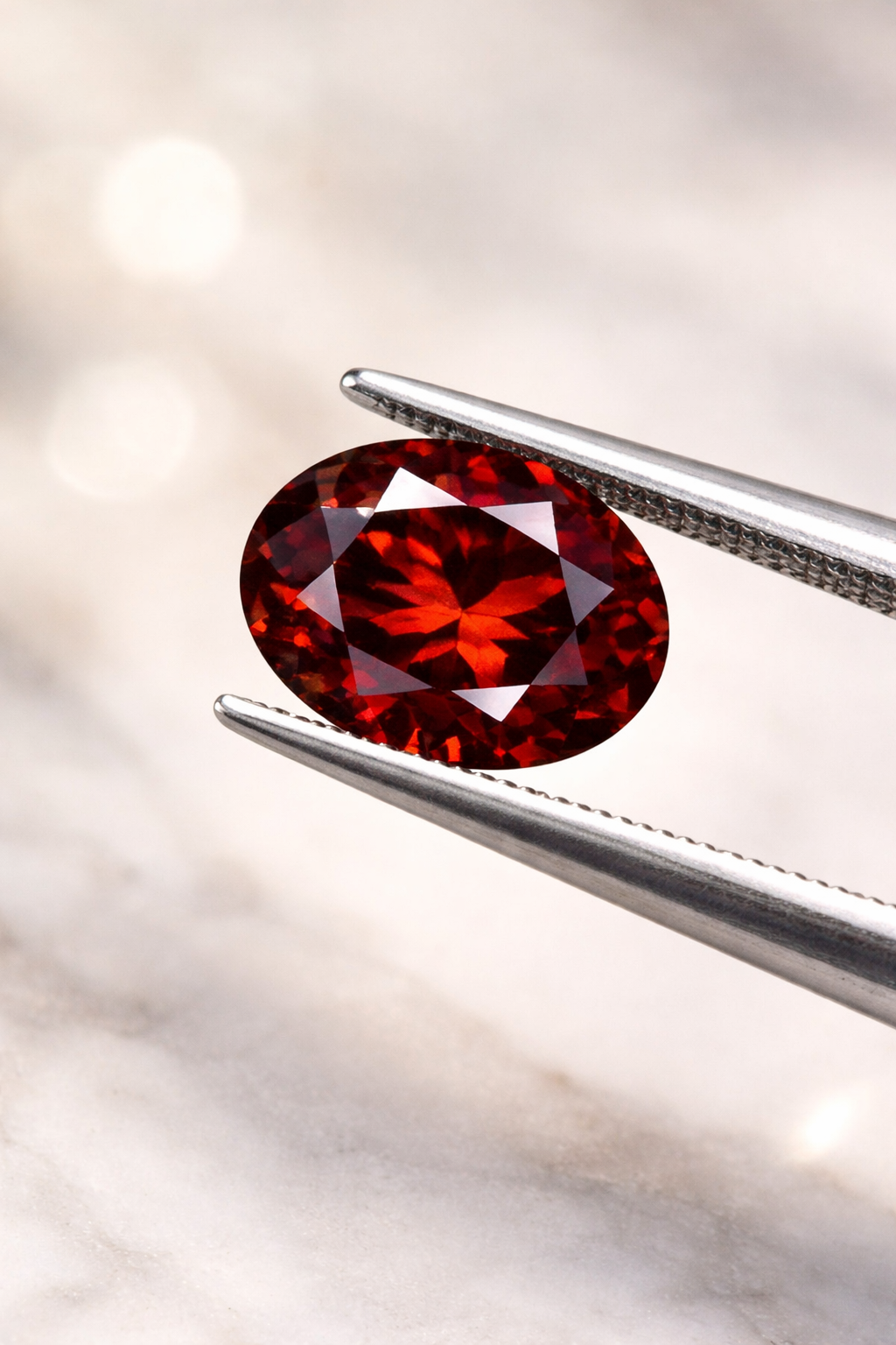 Red gemstone held by tweezers against a blurred background