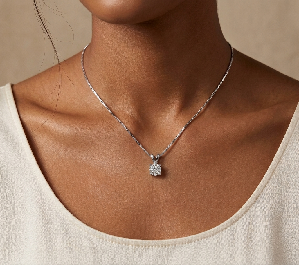Necklace with a moissanite pendant worn by a person against a neutral background