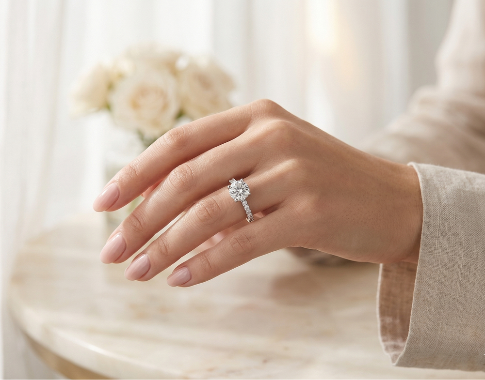Moissanite 3 carat ring in silver worn by a model