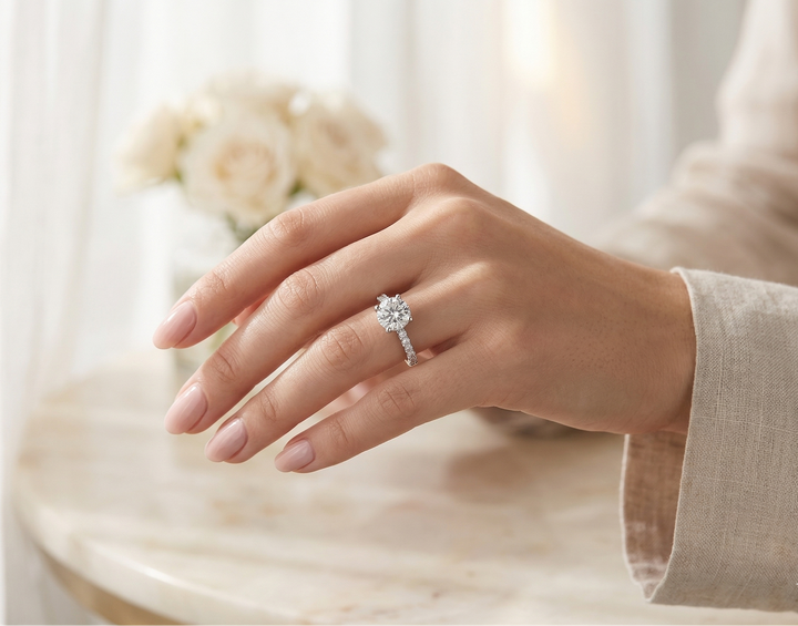 Moissanite 3 carat ring in silver worn by a model