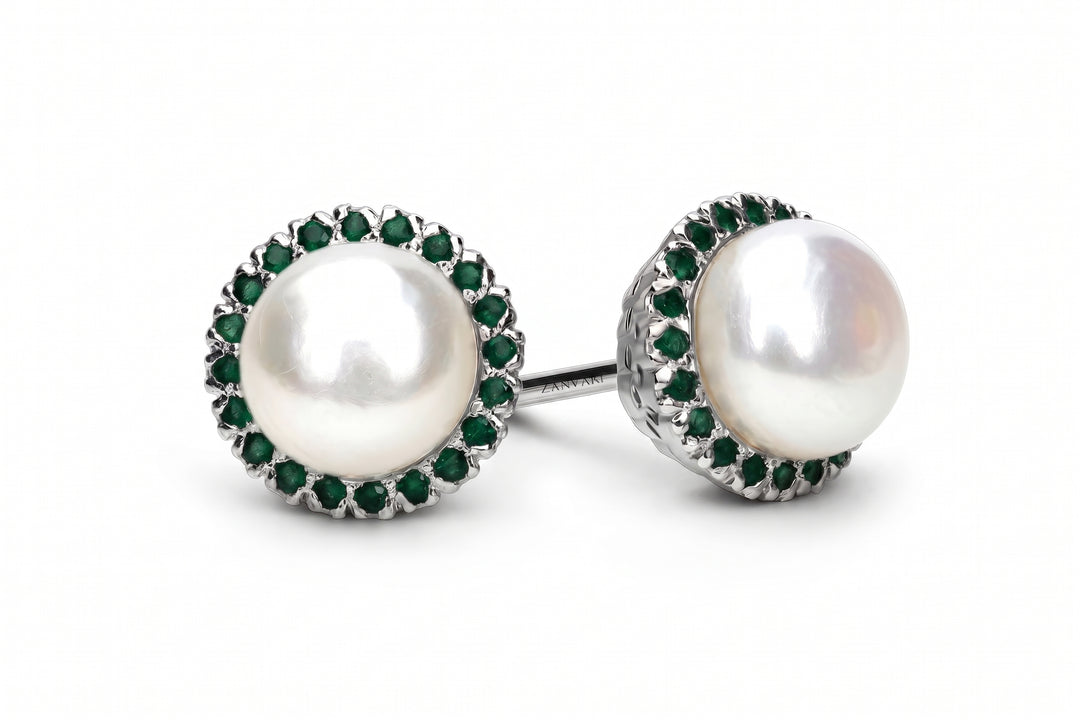 Natural Wonders — Natural Emerald & Pearl Studs in Sterling Silver