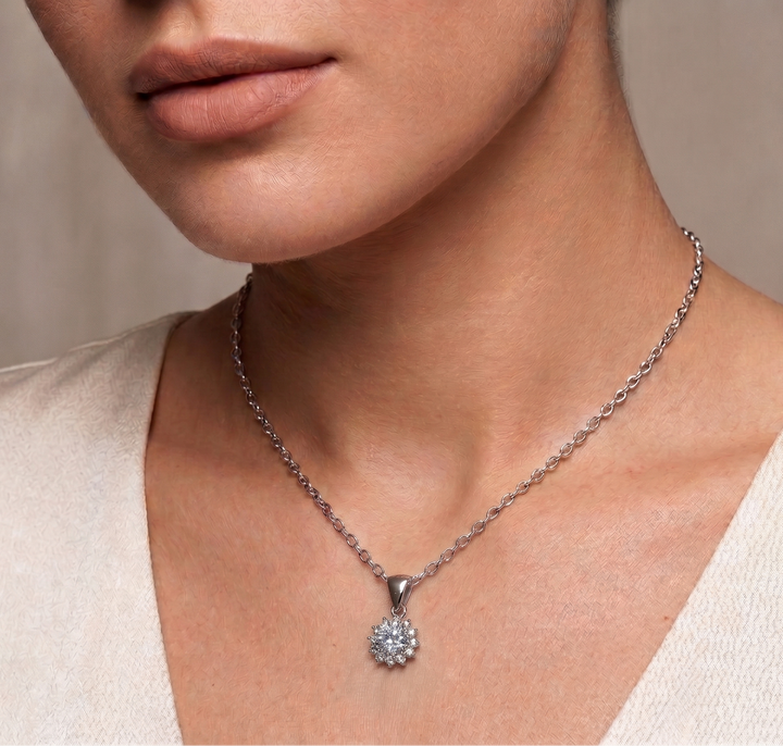 Close-up of a necklace with a pendant worn by a person