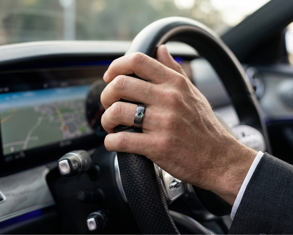 Men wearing emerald stone silver ring driving a car