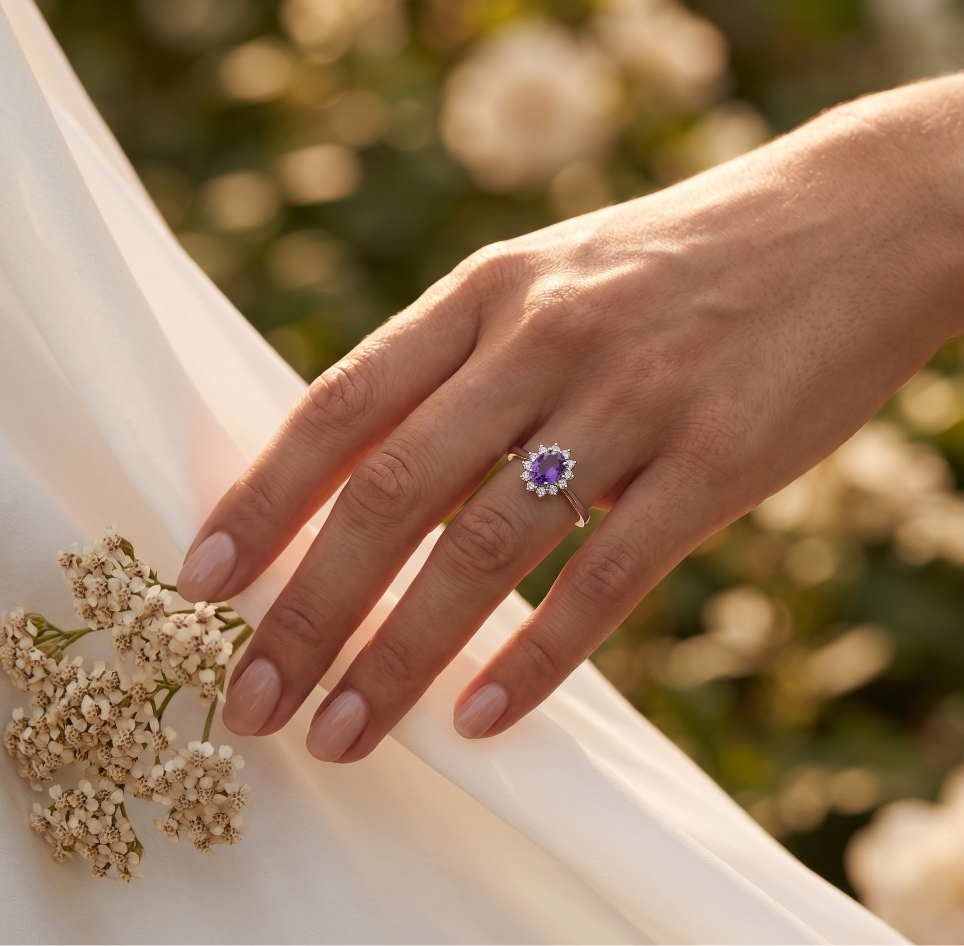 Hand wearing a ring with a amethyst  gemstone, holding a small bouquet of flowers against a blurred natural background.