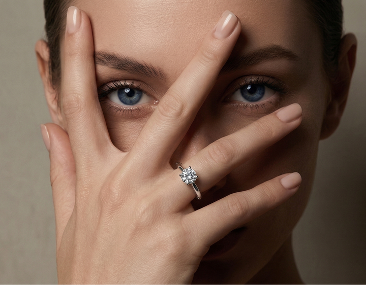 Woman wearing a moissanite ring with a neutral background