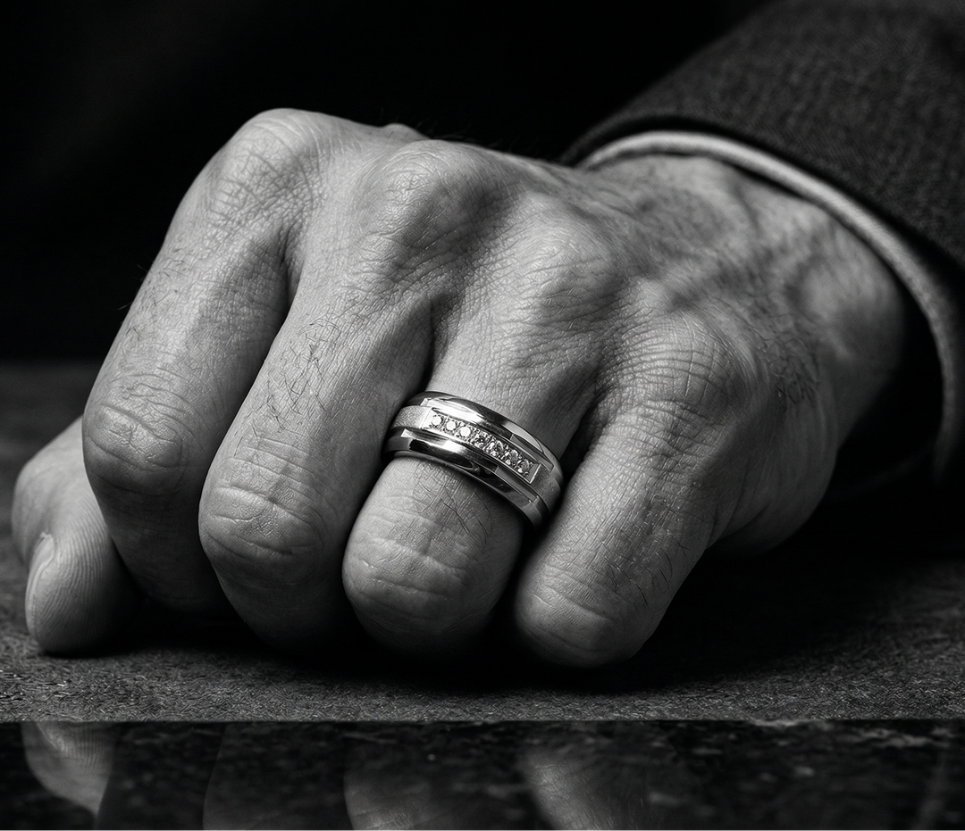 Close-up of a hand wearing a ring on a reflective surface