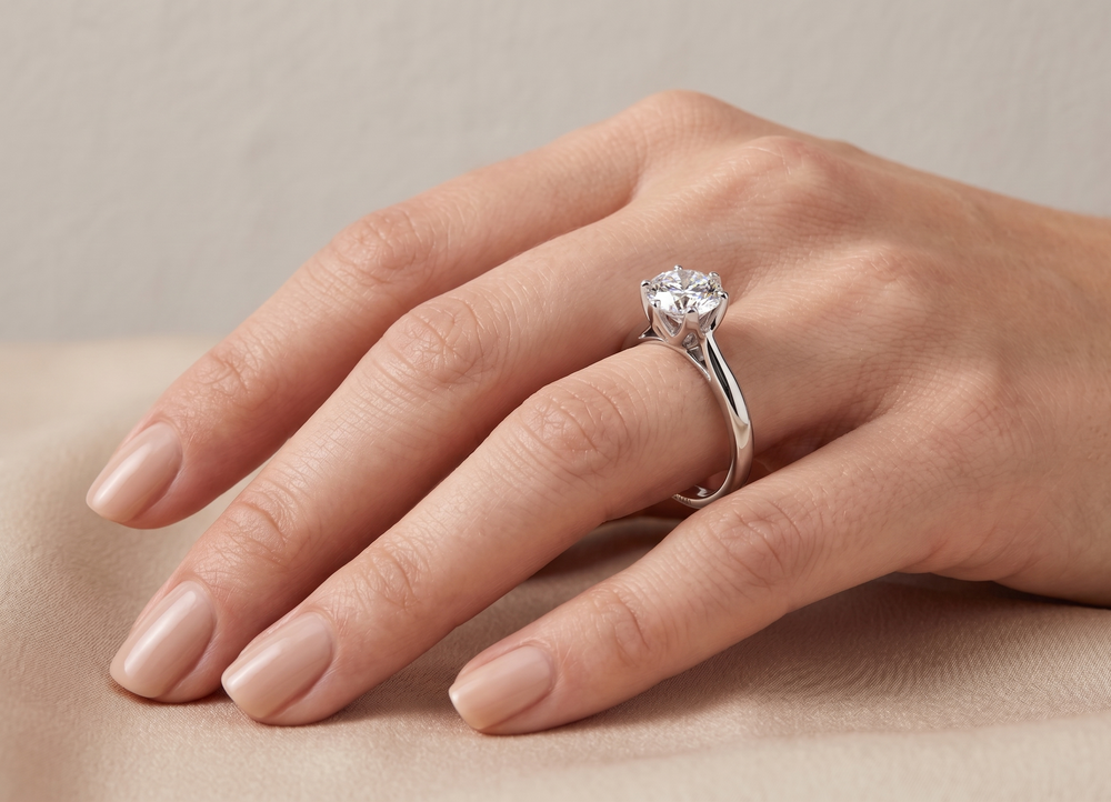 A hand wearing The Crown of Light Ring by Zanvari Pakistan — 3CT D/VVS1 moissanite in a six-prong 925 sterling silver solitaire setting.