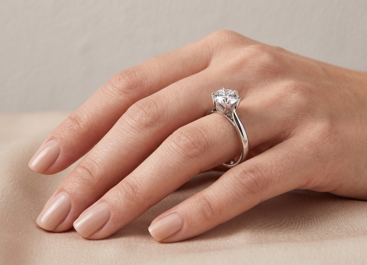 A hand wearing The Crown of Light Ring by Zanvari Pakistan — 3CT D/VVS1 moissanite in a six-prong 925 sterling silver solitaire setting.