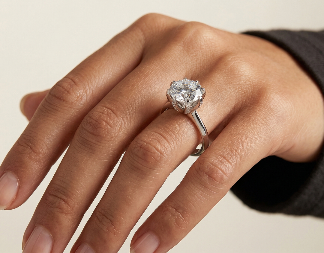 moissanite 5 carat silver ring on a person's finger against a neutral background