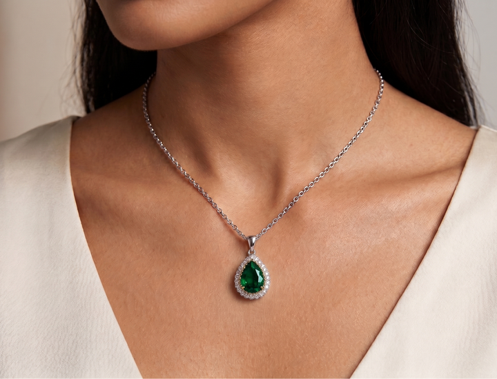 Hurrem Sultan Necklace worn — Ottoman-inspired green stone pendant in 925 silver by Zanvari Pakistan