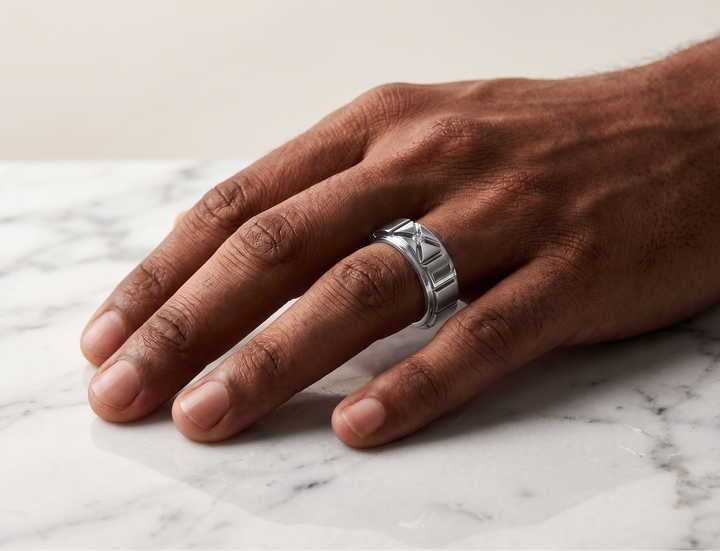 Model wearing heritage moissanite ring in silver