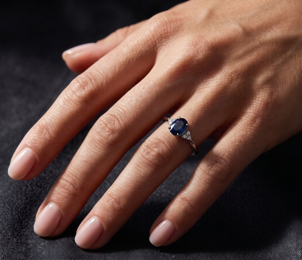 Hand wearing the Azure Whisper Ring by Zanvari Pakistan — deep blue natural sapphire in white gold-plated 925 sterling silver from the Sama collection.