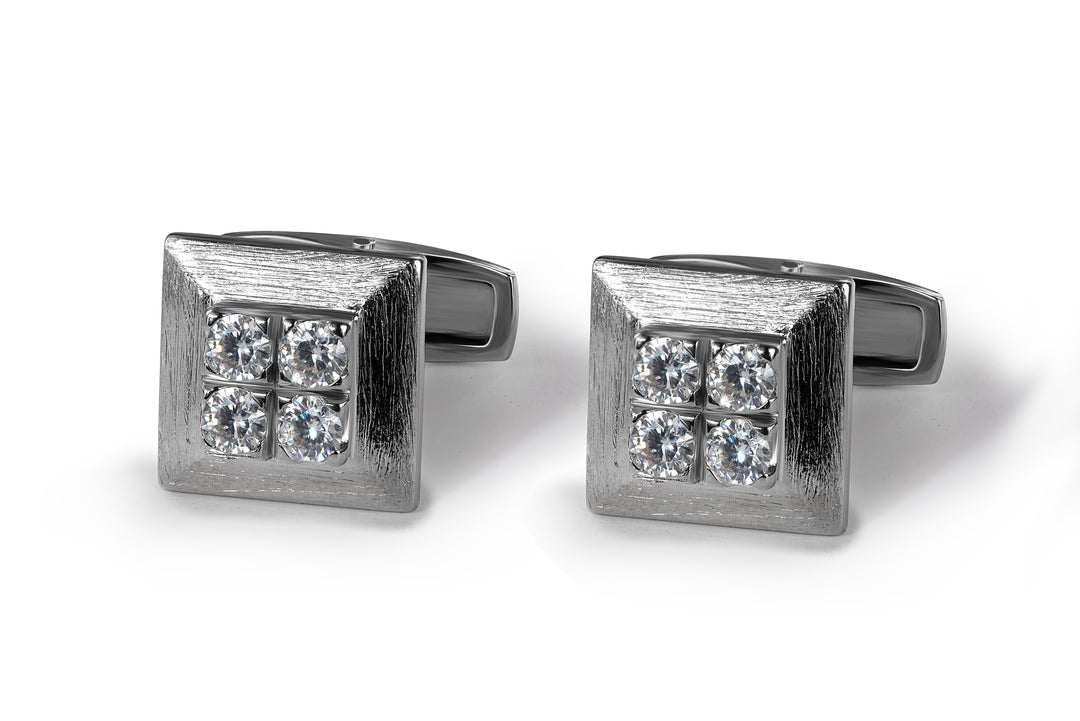 Pair of handmade square cufflinks in rhodium-coated 925 sterling silver, each face set with four 2mm round brilliant moissanite stones in a 2x2 grid pattern