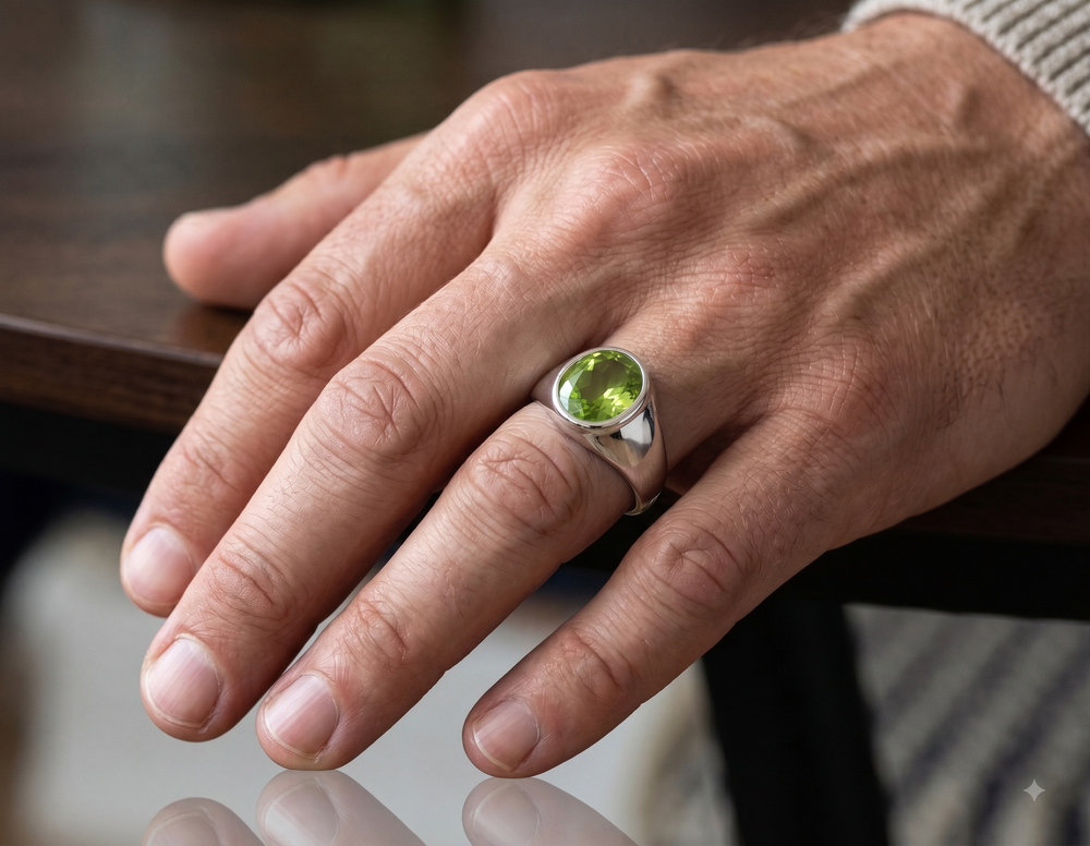 Close-up of a man's hand wearing a silver signet ring with a large, oval-cut green peridot gemstone. The hand rests on a dark wood desk with a reflective surface.