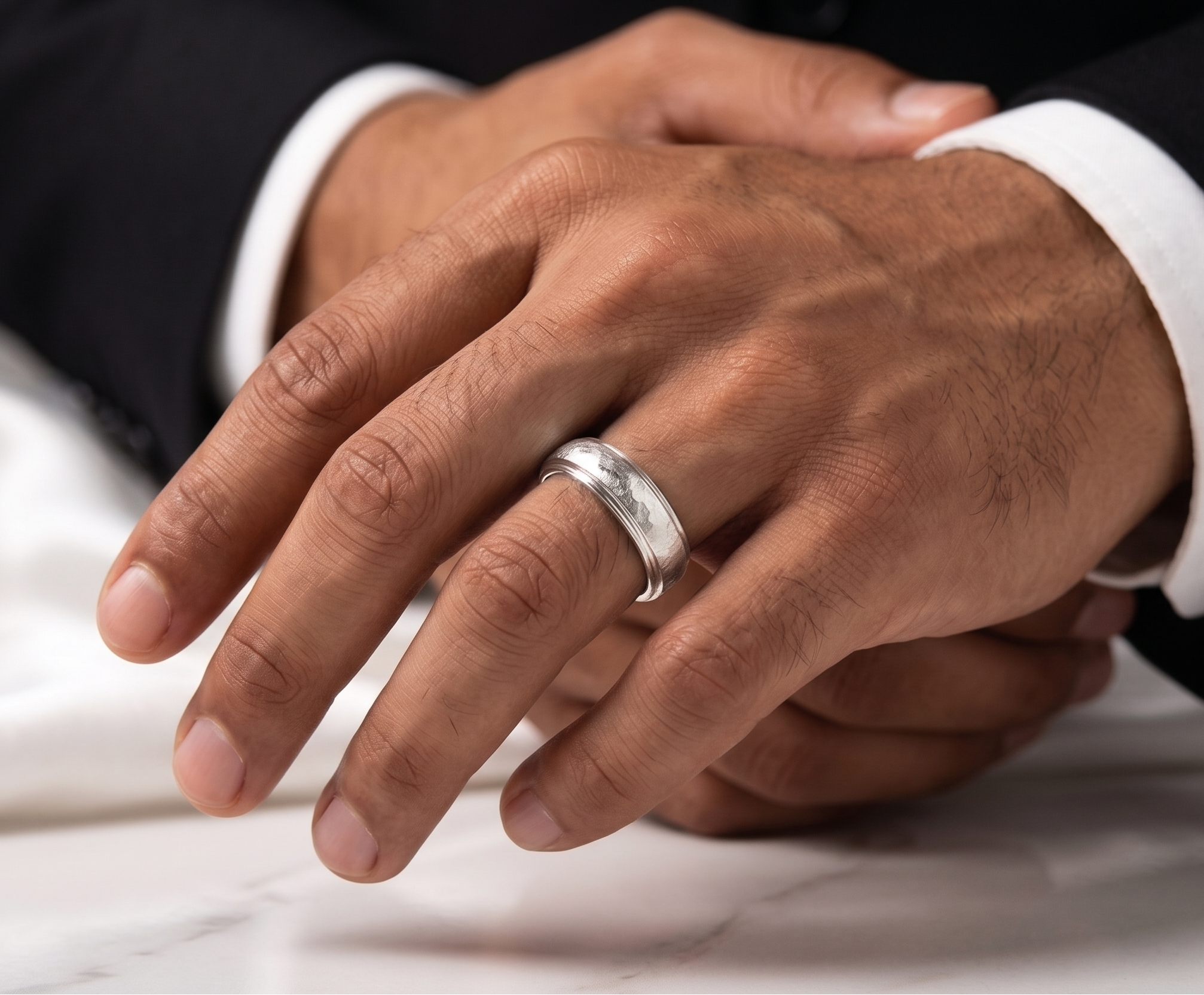 Close-up of a hand wearing a silver hammered  ring on a white fabric background
