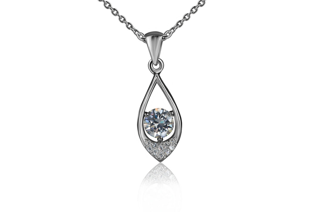 Teardrop-shaped diamond pendant on a chain against a white background