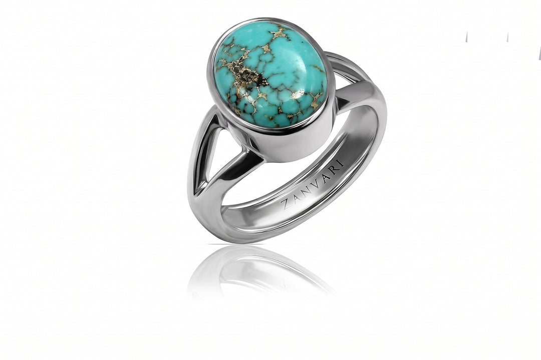 men's natural feroza (turquoise) ring, oval cabochon in silver bezel on split-shank 925 sterling silver band, by Zanvari Pakistan